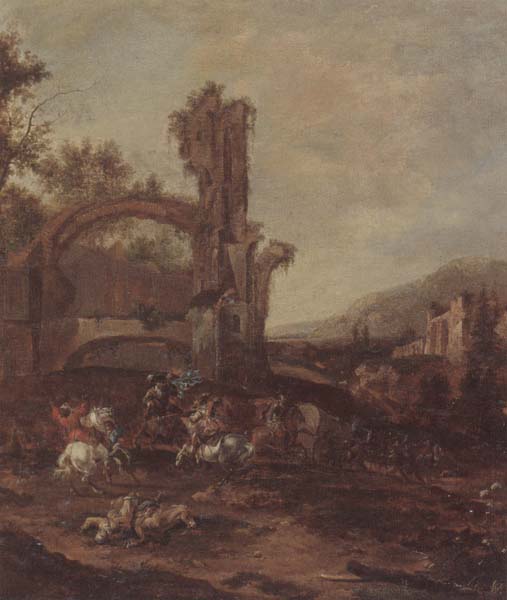 An architectural capriccio with a cavalry engagement,a landscape beyond